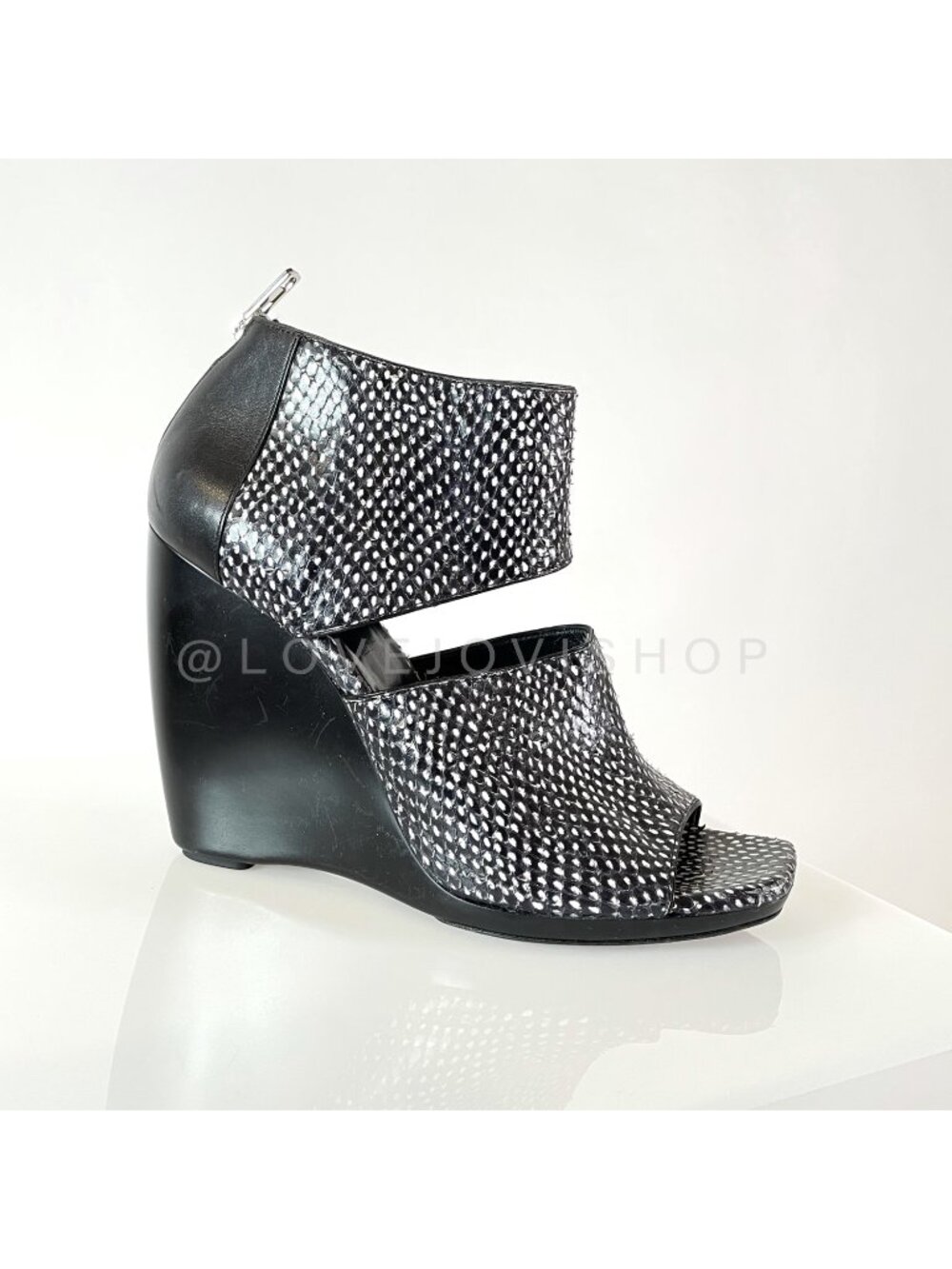 Runway | Balenciaga Snakeskin Black White Peep Toe Wedge Sandal Heel | Luxury 10